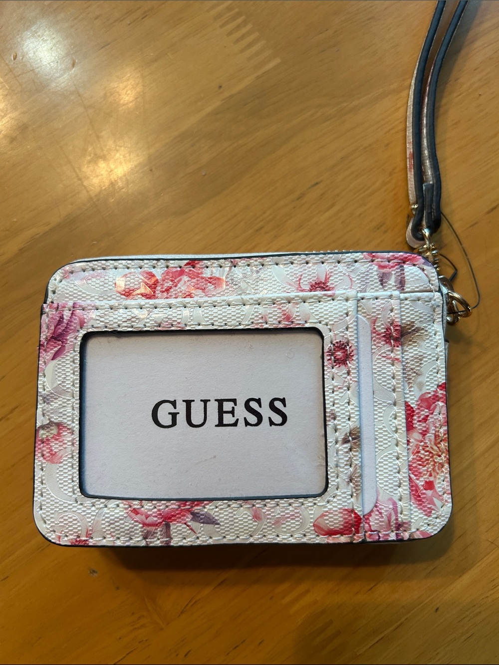 GUESS White Floral Card Holder with Pink Blossom Print